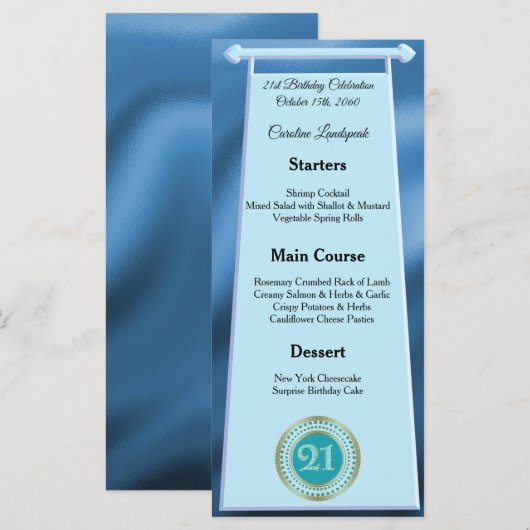 Gelukkige 21e Verjaardag Blauwgroen Blue Glitter F Menu (Voorkant / Achterkant)