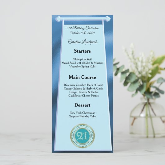Gelukkige 21e Verjaardag Blauwgroen Blue Glitter F Menu (Staand voorkant)