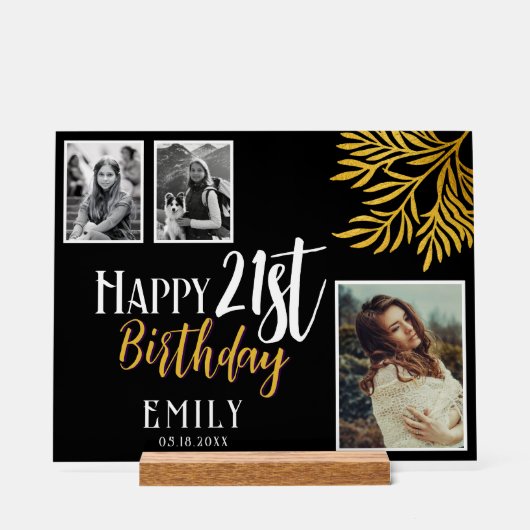 Gelukkige 21e Verjaardag Gouden Foliage 3 Foto Ach Acryl Bord (Voorkant)