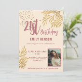 Gelukkige 21e verjaardag gouden gebladerte fotofee kaart (Staand voorkant)