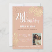 Gelukkige 21e verjaardag gouden gebladerte fotofee kaart (Voorkant)