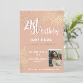 Gelukkige 21e verjaardag gouden gebladerte fotofee kaart (Staand voorkant)