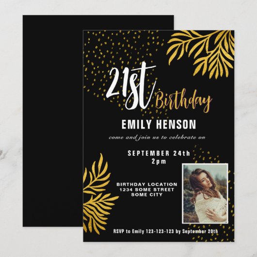 Gelukkige 21e verjaardag gouden gebladerte fotofee kaart (Voorkant / Achterkant)