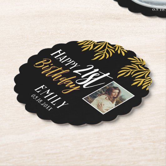 Gelukkige 21e verjaardag gouden gebladerte fotofee kartonnen onderzetters (Gekanteld)