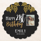 Gelukkige 21e verjaardag gouden gebladerte fotofee kartonnen onderzetters (Voorkant)
