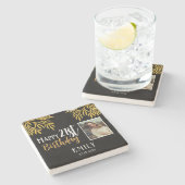 Gelukkige 21e verjaardag gouden gebladerte fotofee stenen onderzetter (Zijkant)