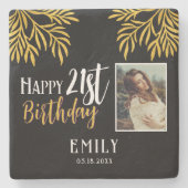 Gelukkige 21e verjaardag gouden gebladerte fotofee stenen onderzetter (Voorkant)