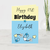 Gelukkige 21e verjaardag naam blauw geel kaart (Voorkant)