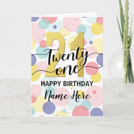 Gelukkige 21e Verjaardag Pastel Regenboog en Goude Kaart (Voorkant)