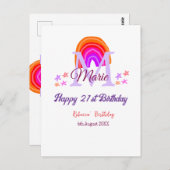 Gelukkige 21e verjaardag roze naam monogram regenb briefkaart (Voorkant / Achterkant)