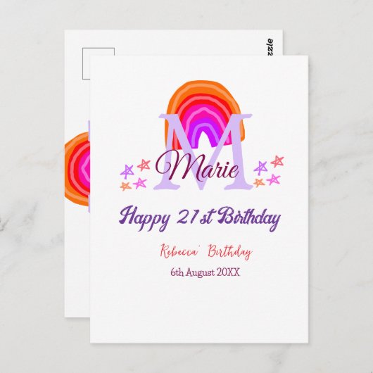 Gelukkige 21e verjaardag roze naam monogram regenb briefkaart (Voorkant / Achterkant)