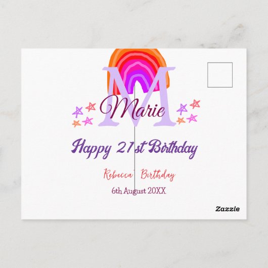 Gelukkige 21e verjaardag roze naam monogram regenb briefkaart (Achterkant)
