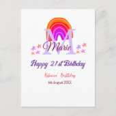 Gelukkige 21e verjaardag roze naam monogram regenb briefkaart (Voorkant)