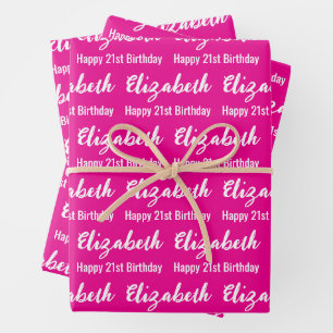 Gelukkige 21e verjaardag Script Naam Hot Pink and  Inpakpapier Vel