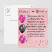 Gelukkige 21e verjaardag - Zuster Gedicht Briefkaart (Voorkant / Achterkant)