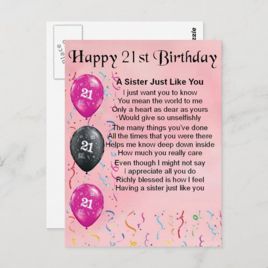 Gelukkige 21e verjaardag - Zuster Gedicht Briefkaart (Voorkant / Achterkant)