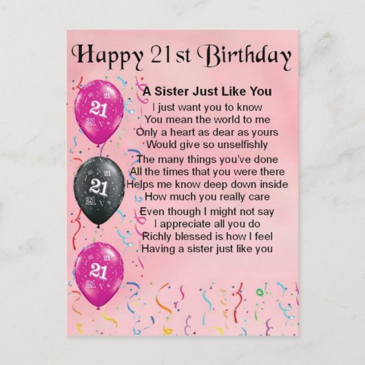 Gelukkige 21e verjaardag - Zuster Gedicht Briefkaart (Voorkant)
