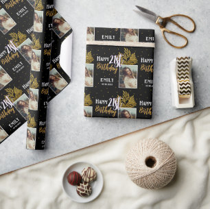 Gelukkige 21e verjaardag Zwart Goud Foliage Foto Cadeaupapier