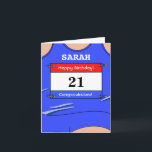 Gelukkige 21e verjaardagskaart voor een hardloper kaart<br><div class="desc">Stuur 21e Verjaardag wensen aan die speciale loper, welke afstand ze ook lopen, marathons, halve marathons, 10 mijl, 10km of 5km afstand loopt of sprints! Of verander gewoon de berichten voor iemand die zijn favoriete kleur blauw is! Het loopvest met zijn racenummer biedt een scala aan aanpassingsopties: - Runner's naam...</div>