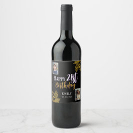 Gelukkige 21ste Verjaardag Gold Foliage 2 Fotofees Wijn Etiket
