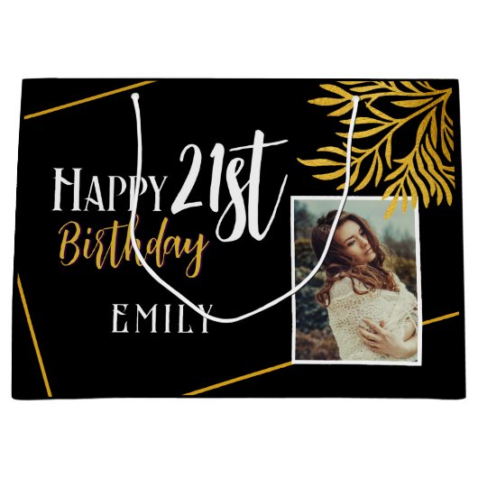 Gelukkige 21ste Verjaardag Gouden Fotoachtergrond Groot Cadeauzakje (Voorkant)
