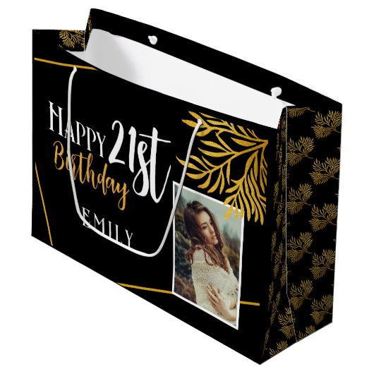Gelukkige 21ste Verjaardag Gouden Fotoachtergrond Groot Cadeauzakje (Voorkant Gekanteld)
