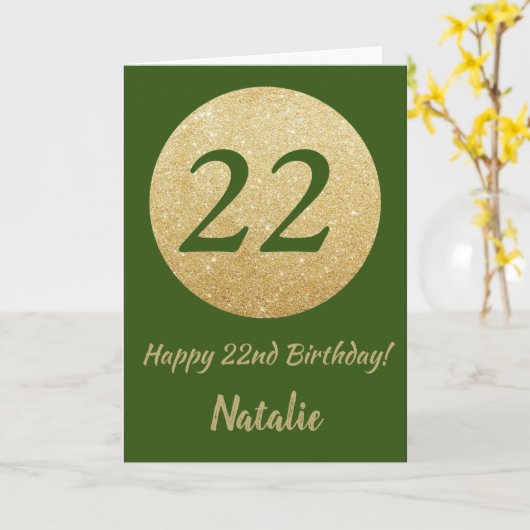 Gelukkige 22e Verjaardag Groene en Gouden Glitter Kaart (Gele Bloem)