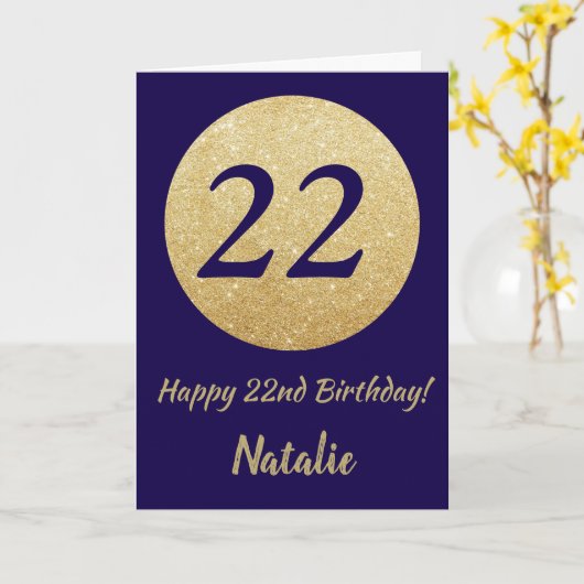 Gelukkige 22e verjaardag Navy Blue en Gold Glitter Kaart (Gele Bloem)
