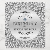 Gelukkige 25e Verjaardag Zilver & Witte Diamanten  Wijn Etiket (Enkel label)