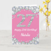 Gelukkige 27e verjaardag Roze en Zilver Glitter Ka Kaart (Gele Bloem)