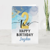 Gelukkige 2e Verjaardag Blauwe Waterverf & Gold Bo Kaart (Voorkant)