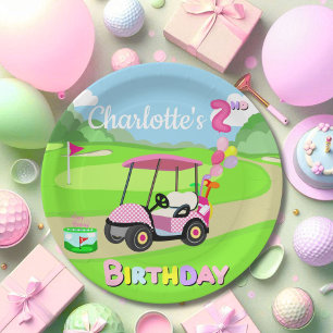 Gelukkige 2e Verjaardag Polka Dot Pink Girly Golf Papieren Bordje