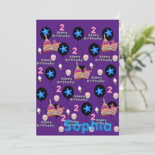 Gelukkige 2e Verjaardagsuitnodiging #2 Paarse Kaart (Staand voorkant)