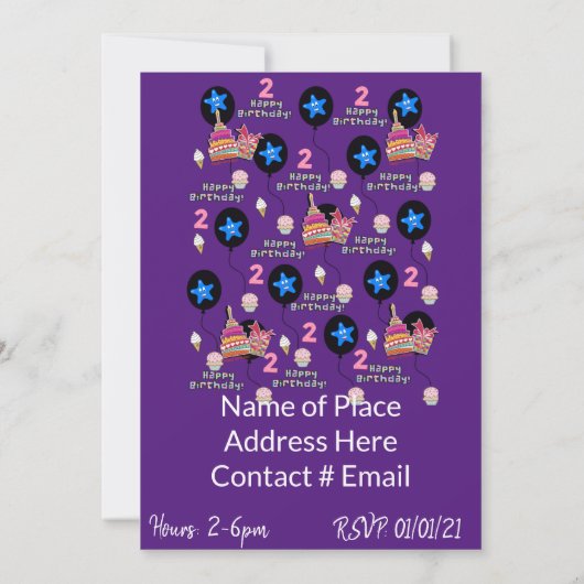 Gelukkige 2e Verjaardagsuitnodiging #2 Paarse Kaart (Achterkant)