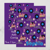 Gelukkige 2e Verjaardagsuitnodiging #2 Paarse Kaart (Voorkant / Achterkant)