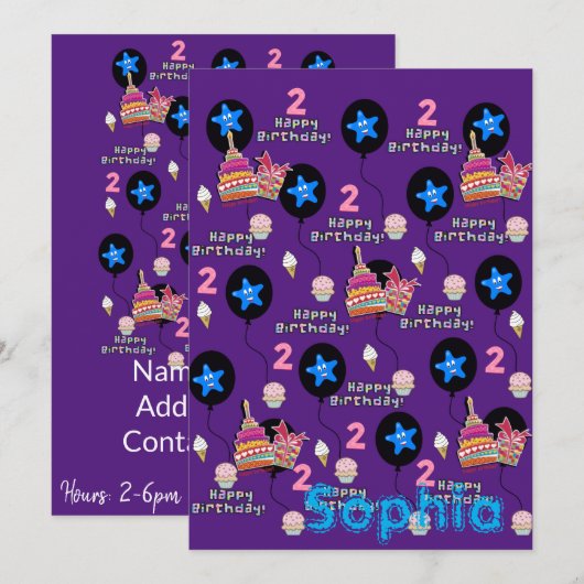 Gelukkige 2e Verjaardagsuitnodiging #2 Paarse Kaart (Voorkant / Achterkant)