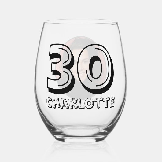 Gelukkige 30e verjaardag foto en naamfeest wijnglas zonder voet (Voorkant)