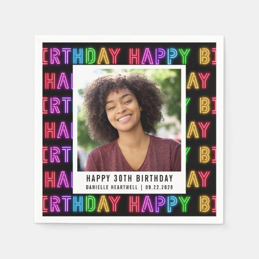 Gelukkige 30e verjaardag Foto Rainbow Neon Servet (Voorkant)