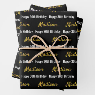 Gelukkige 30e verjaardag Gouden naam zwart en wit Inpakpapier Vel
