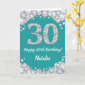 Gelukkige 30e verjaardag Turquoise en Zilver Glitt Kaart (Gele Bloem)