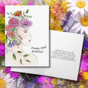 Gelukkige 30e Verjaardag Vrouw Bloemen Illustratie Kaart