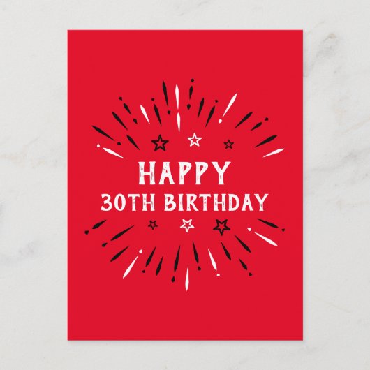 Gelukkige 30e verjaardag Vuurwerk Rood Zwart Wit Briefkaart (Voorkant)