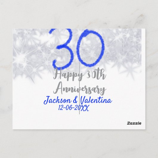 Gelukkige 30ste huwelijksverjaardag zilveren blauw briefkaart (Achterkant)