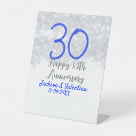 Gelukkige 30ste huwelijksverjaardag zilveren blauw reclamebord met voetstuk