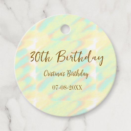 Gelukkige 30ste verjaardag geel sinaasappel waterv bedankjes labels (Voorkant)