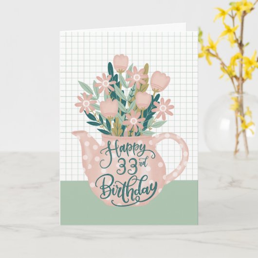 Gelukkige 33e verjaardag w / Polka Dot Theepot van Kaart (Gele Bloem)