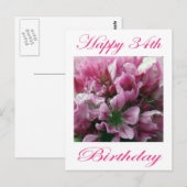 Gelukkige 34e verjaardag roze en groene bloem briefkaart (Voorkant / Achterkant)