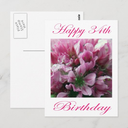 Gelukkige 34e verjaardag roze en groene bloem briefkaart (Voorkant / Achterkant)