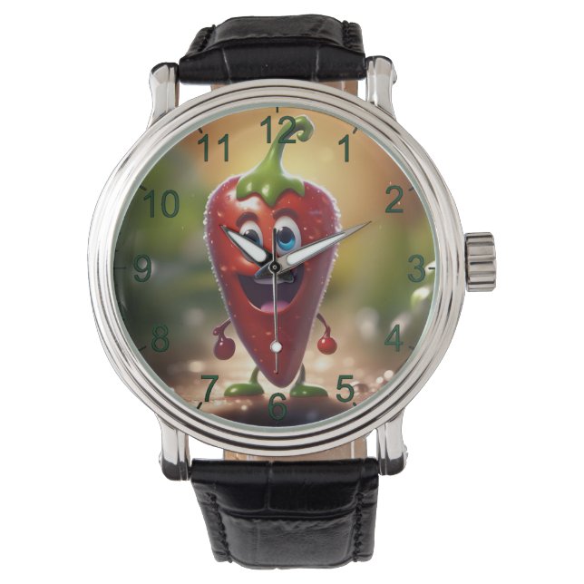 Gelukkige 3D Geanimeerde Chili Bean, Horloge (Voorkant)