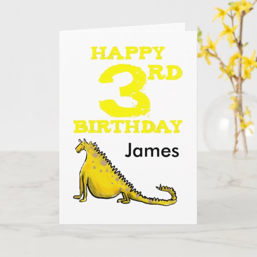 Gelukkige 3e verjaardag cartoon dinosaurus in Yell Kaart (Gele Bloem)